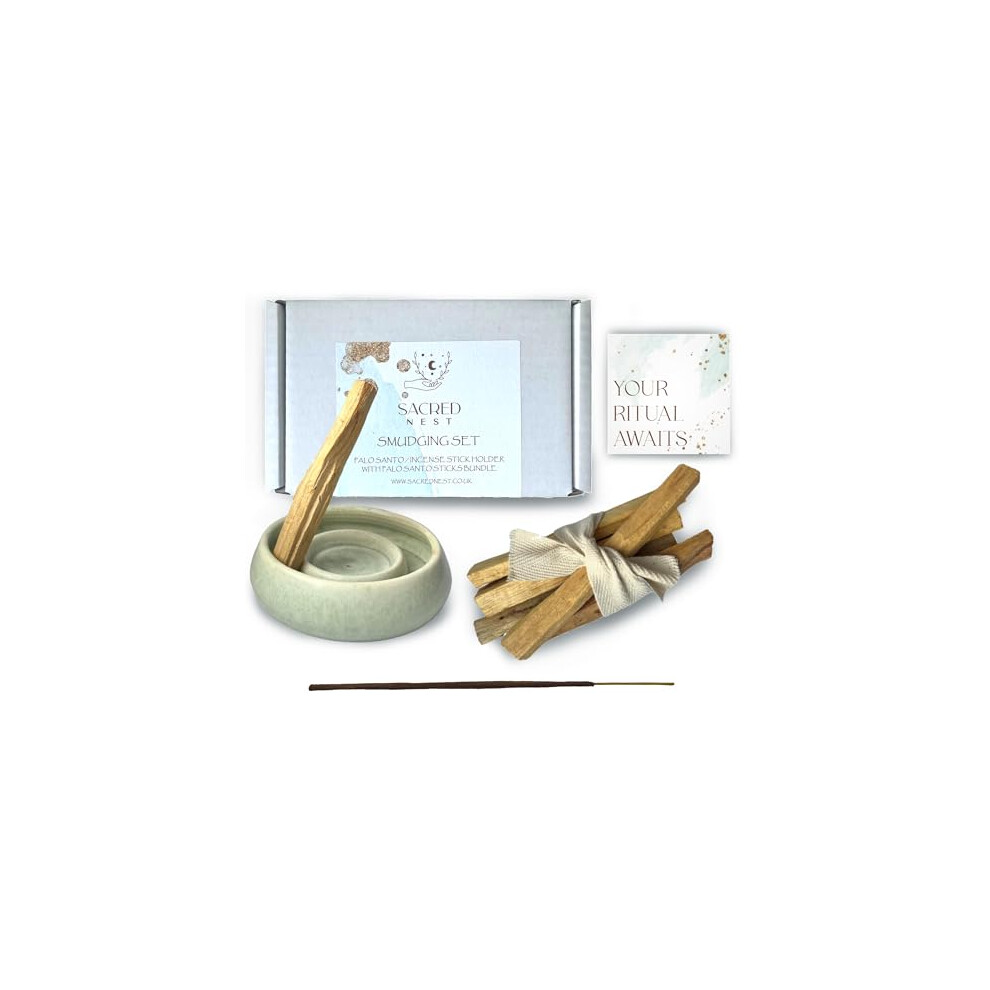 Palo Santo Smudge Kit | Palo Santo Holder with 5 Palo Santo Sticks & Incense | Handmade Ceramic Stoneware Smudge Bowl & Smudge Sticks Set | Smudging-image-OPC-PDV65RY-NEW