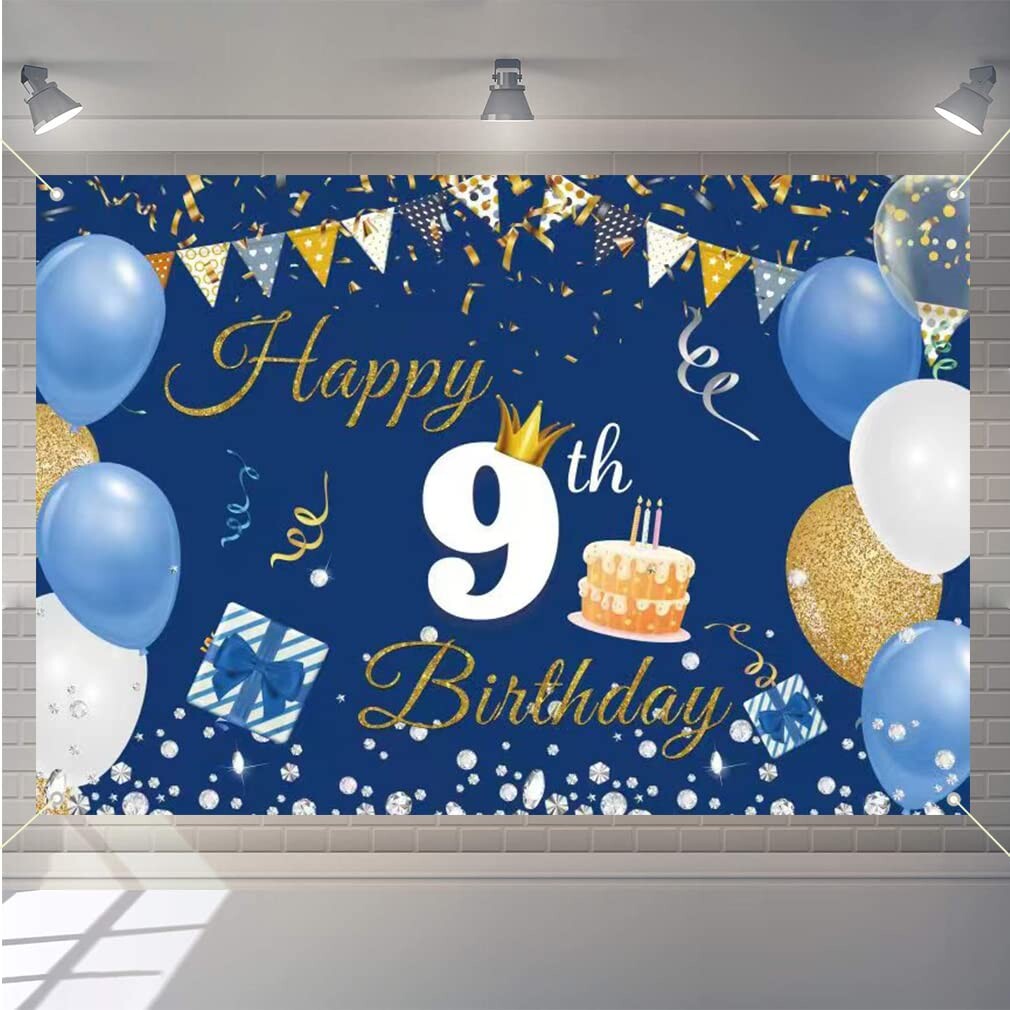 9th Birthday Backdrop Banner - Happy 9 Years Old Fabric Sign, 59x35.4 Inches Blue