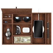 Valet Tray Desktop Organizer - 8 Compartments Catchall EDC Tray PU Leather Bedside Vanity Tray Nightstand Caddy Coin Box Key Jewelry Storage Organizer