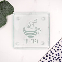 Engraved Square Glass Coaster -"FIF-TEA" Design - 50th Milestone Birthday Gifts for Men, Him - Fiftieth Gift for Friend, Brother, Son, Dad, Husband -
