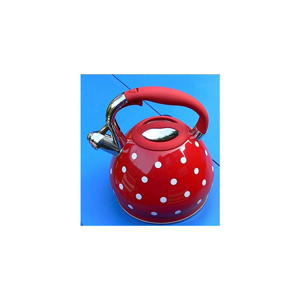 Kitchenware Stunning Red & White Polka Dot Whistling Kettle. Polkadot, Stainless Steel, 3.5 liters, Red