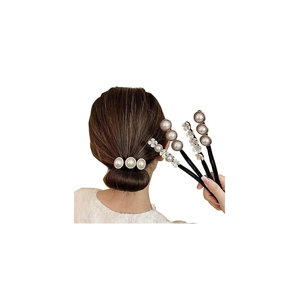 Vasana 4Pcs Women Magic Bun Maker Decorated With Pearls And Fowers Fast & Easy Donut Buns Shaper Hair Twist Curler Diy Hair Styling Tool Hair Accessory