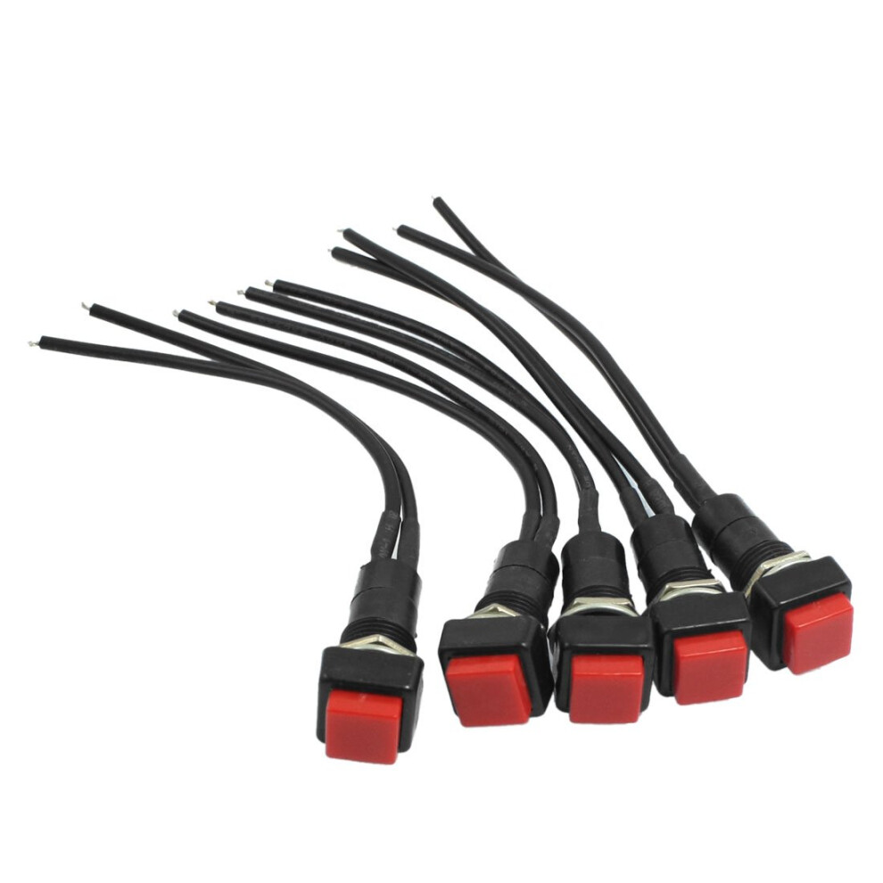 5Pcs 10mm Red Square Wired Horn NO Momentary Push Button Switch AC 250V 3A