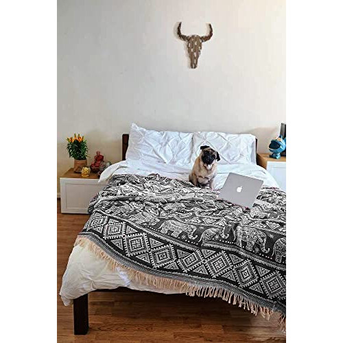 100% Cotton Bohemian Throw | King Size Bedspread | Sofa Throw | Bed Throw | Reversible Boho Throw Blanket | Elephant Pattern Grey Throw | Soft Blanket 2