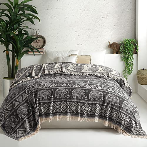 100% Cotton Bohemian Throw | King Size Bedspread | Sofa Throw | Bed Throw | Reversible Boho Throw Blanket | Elephant Pattern Grey Throw | Soft Blanket