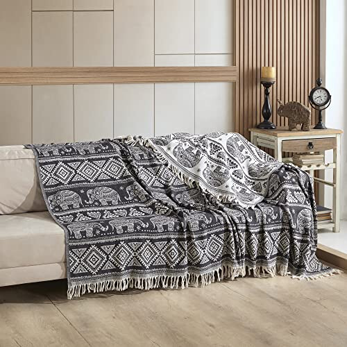 100% Cotton Bohemian Throw | King Size Bedspread | Sofa Throw | Bed Throw | Reversible Boho Throw Blanket | Elephant Pattern Grey Throw | Soft Blanket 1