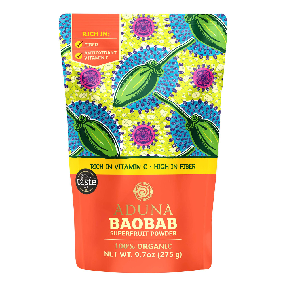 Aduna Organic Baobab Powder | 100% Natural Raw Baobab Superfruit Vitamin Powder For Smoothies | Certified Fairwild | 275G Resealable And Recyclable Pack