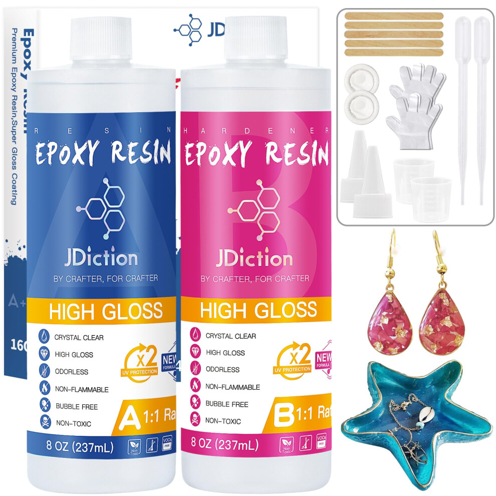 Epoxy Resin High Gloss - 16OZ Crystal Clear Epoxy Resin Kit, Upgrade Formula, Self Leveling Resin for Jewelry Making, Art, Coasters, Wood, Non-Toxic,
