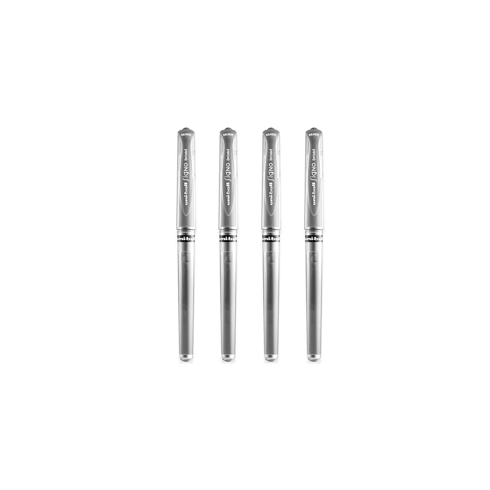 Signo Pen Broad Metallic Gel Ink Rollerball - Metal 1mm Tip Nib 0.65mm Line Width With Rubber Grip - UM-153 - Silver - Pack of 4