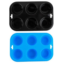 6 Cup Silicone Bun/Muffin Mould Cupcake Yorkshire Pudding Non Stick Tray Baking Black, Blue Pack of 2