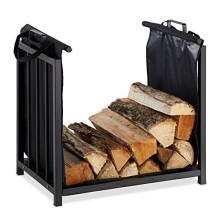 Firewood Stand with Wooden Carry Bag for Indoor Use Modern Design Steel Fireplace Shelving HBT: 50 x 51 x 37 cm Black,10028774