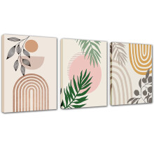 Abstract Framed Boho Wall Decor - 3 Pieces Green and Grey Plant Canvas Wall Art Sun and Moon Nature Floral Pictures Artwork Decoration for Bedroon