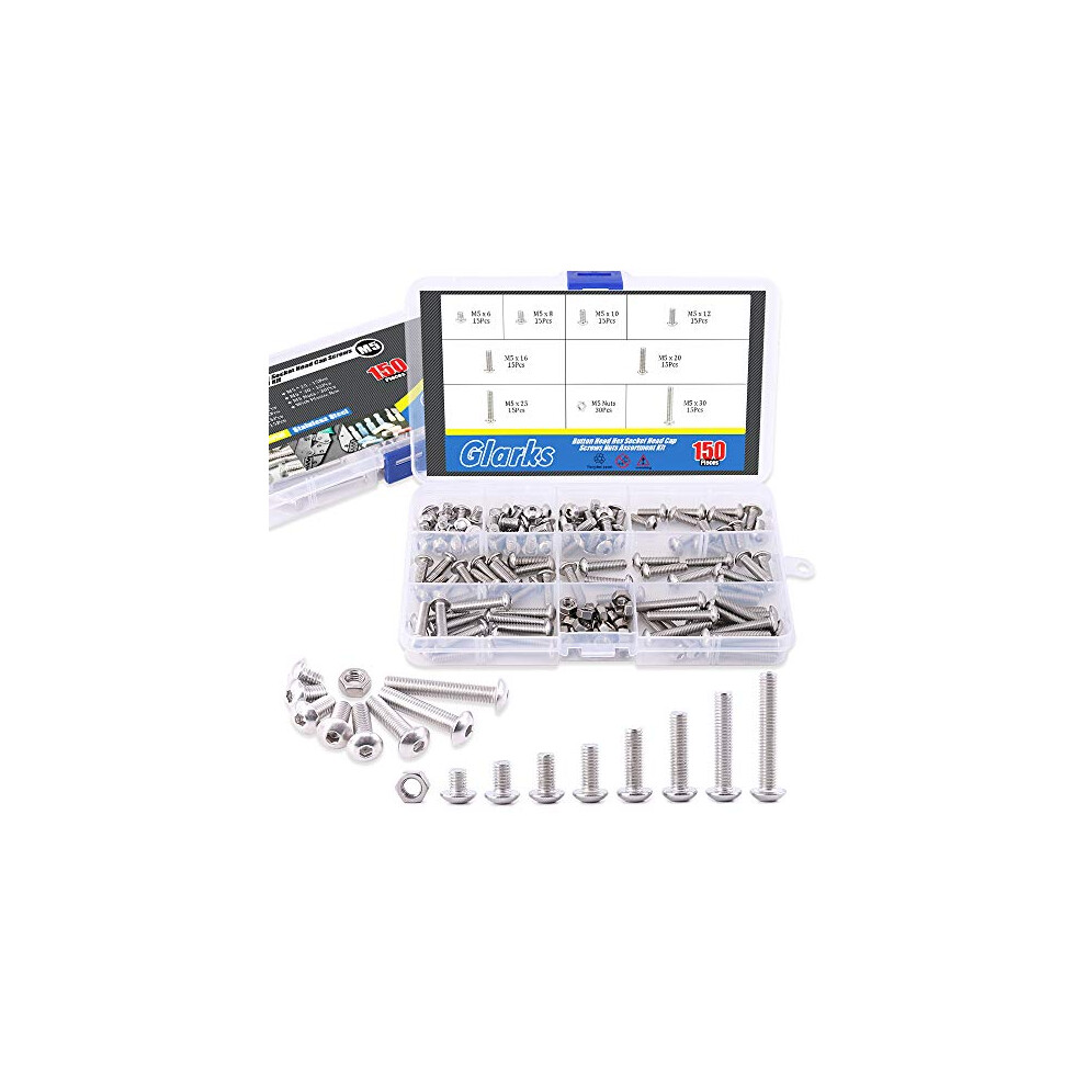 150Pcs M5 Stainless Steel Button Head Hex Socket Head Cap Bolts Screws Nuts Assortment Kit 713741478297