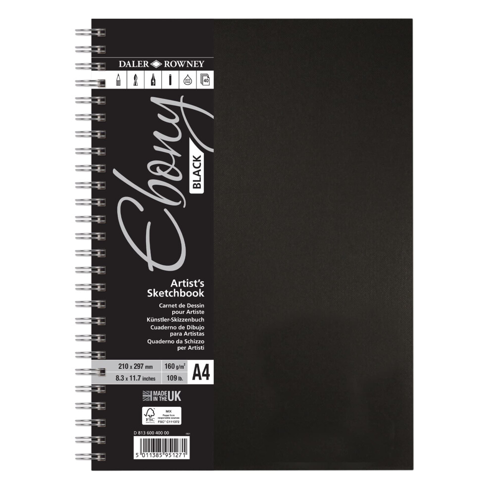 Daler-Rowney Ebony Sketchbook, Lightly Textured, 160 gsm, 109lb, Spiral Bound, Hardback, Portrait, A4 21 x 29.7 cm, Black, 40 Sheets