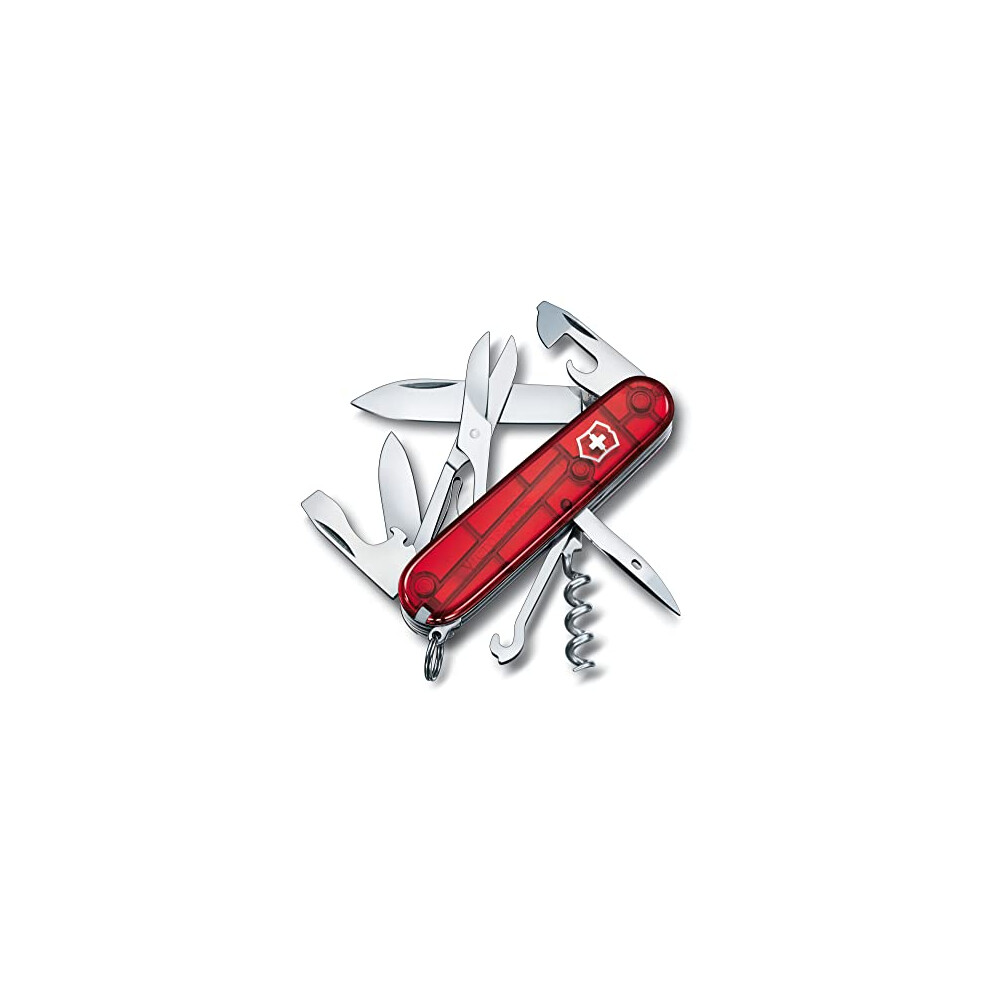 Climber Swiss Army Pocket Knife, Medium, Multi Tool, 14 Functions, Blade, Bottle Opener, Red Transparent