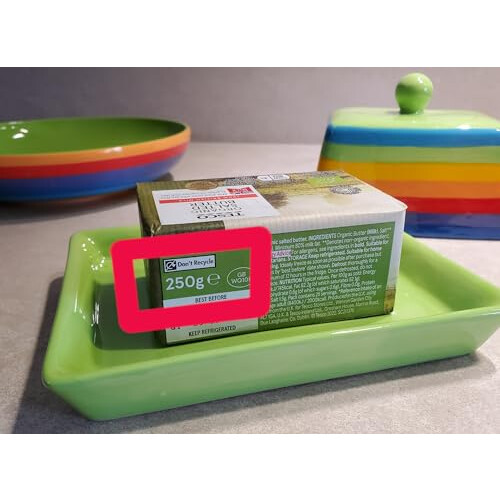Hand Painted Rainbow Stripe Green Ceramic Butter Dish with Lid 2