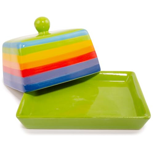 Hand Painted Rainbow Stripe Green Ceramic Butter Dish with Lid 1