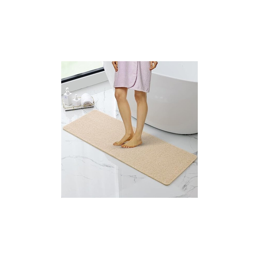 Loofah Shower Mat Non Slip Anti Mould 100x40 cm With Shower Puff PVC Machine Washable Bath Mats for Inside Outside - Rectangular(Beige)