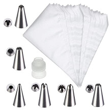 Piping Bag, 100 Pcs Disposable Piping Bags with 1 Pcs Professional Adapter and 6 Pcs Reusable Nozzles, Large Icing Piping Bag for Pastry Sweet Cone