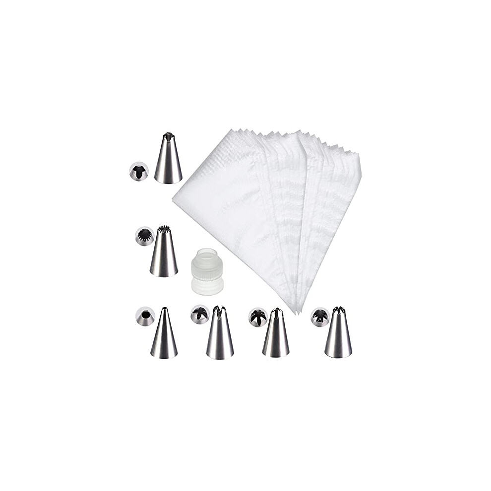 Piping Bag, 100 Pcs Disposable Piping Bags with 1 Pcs Professional Adapter and 6 Pcs Reusable Nozzles, Large Icing Piping Bag for Pastry Sweet Cone