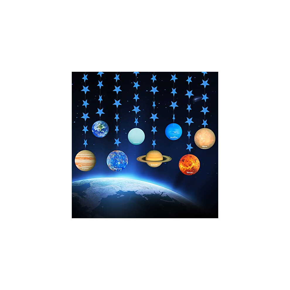Solar System Decoration Banner, Eight Planet Garland with Blue Shimmer Star, Premium Paper Galaxy Outer Space Garland for Kids Bedroom Decor,