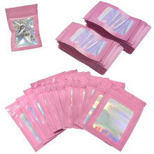 150 Pcs Foil Ziplock Bags Set, Resealable Mylar Bags, Smell Proof Holographic Pouches for Food, Jewelry(Pink)