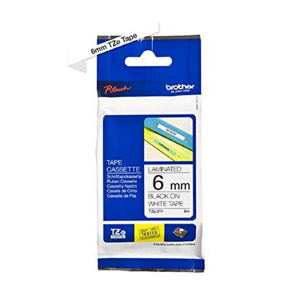 TZe-211 Labelling Tape Cassette, 6 mm (W) x 8 m (L), Laminated, Brother Genuine Supplies - Black on White