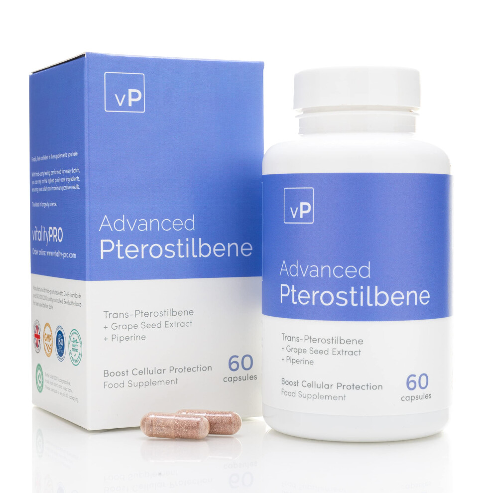Vp Vitality Pro Advanced Pterostilbene 60 Capsules - Third Party Tested Over 98% Purity - Trans-Pterostilbene Supplement - Vitality Pro