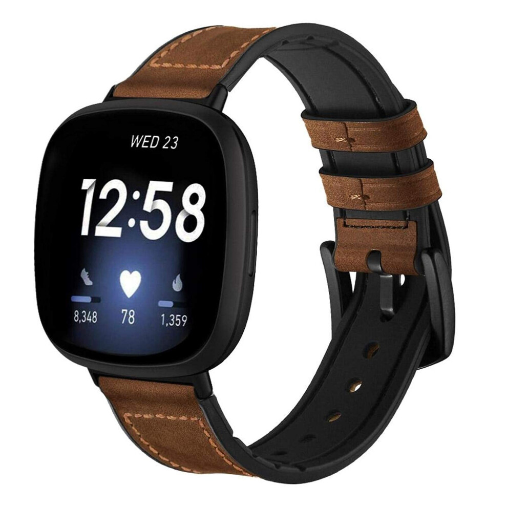 Watch Strap For Fitbit Versa 3, Genuine Leather Silicone Hybrid Wristband Strap With Stainless Steel Clasp For Fitbit Sense, Brown 8425558960972