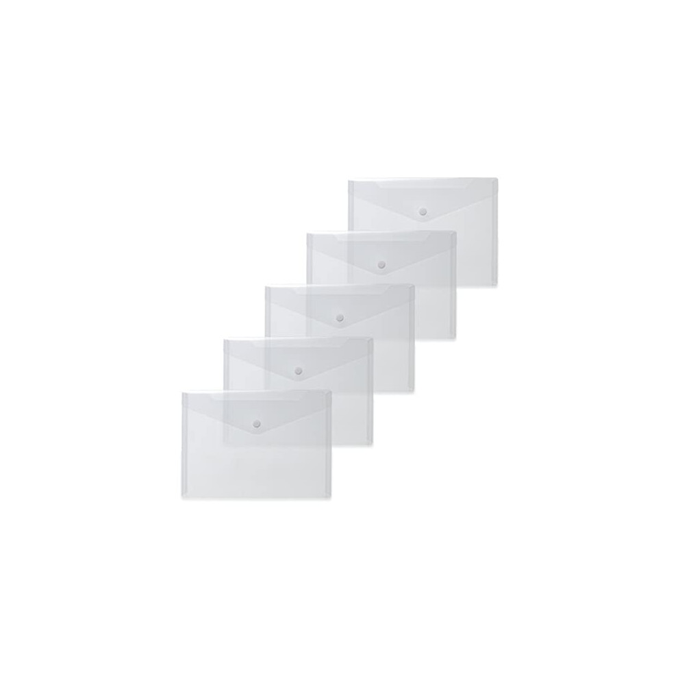 20051 Document Wallets A5 Transparent White Pack of 5 Small Transparent Pockets Envelopes with Press Stud Closure Plastic Envelopes for School,