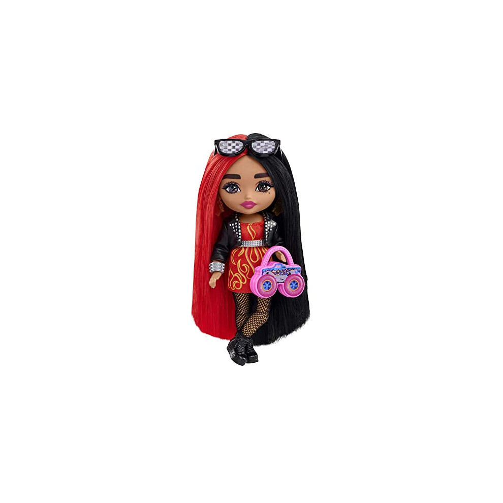 Doll, Barbie Extra Minis Doll with Red and Black Hair, Kids Toys, Flame-Print Dress and Moto Jacket, Small Doll, Clothes and Accessories