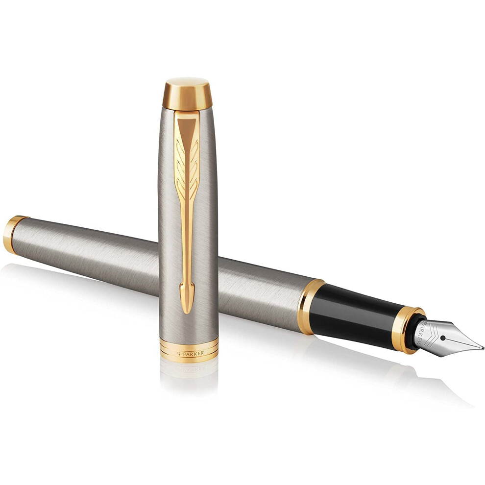 IM Premium Fountain Pen - Brushed Metal with Gold Trim - Fine Nib - Black Ink - Gift Boxed