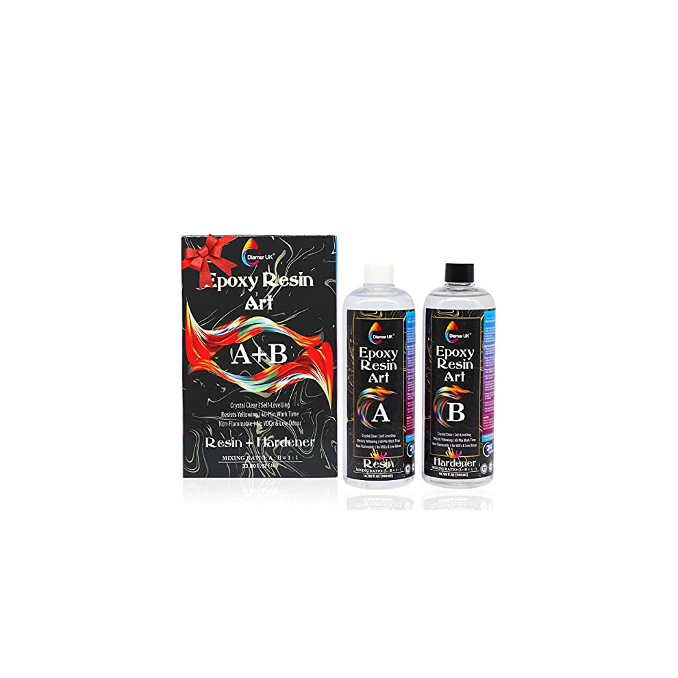 Diamer UK Epoxy Resin Kit - 1000ml /33.80 fl.oz Crystal Clear Resin Art Casting for Jewellery Making, River Table, Countertop, Cheeseboard, Tumbler