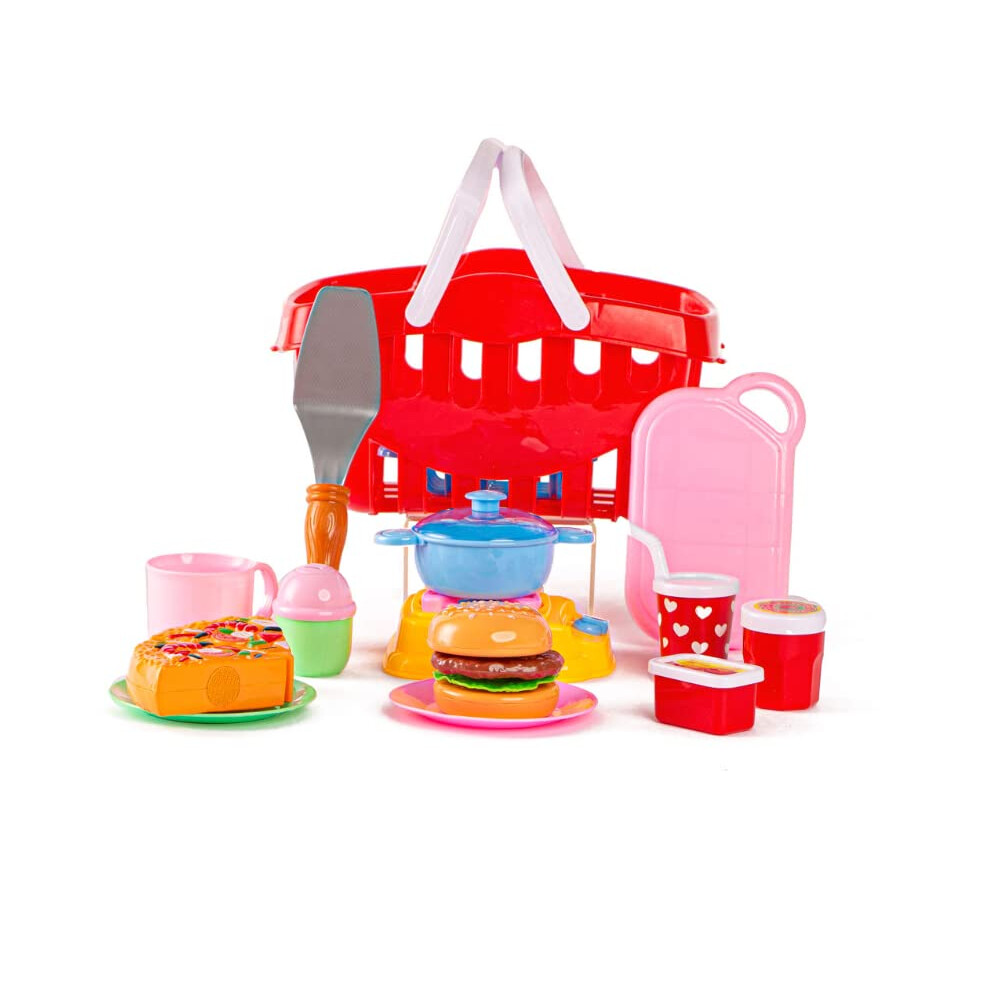 Kids Pretend Toy Role Play Food Set for Children with Food Basket and Cooking Utensils Kitchen Play set for Early Learning - Fast Food Cutting Toy set