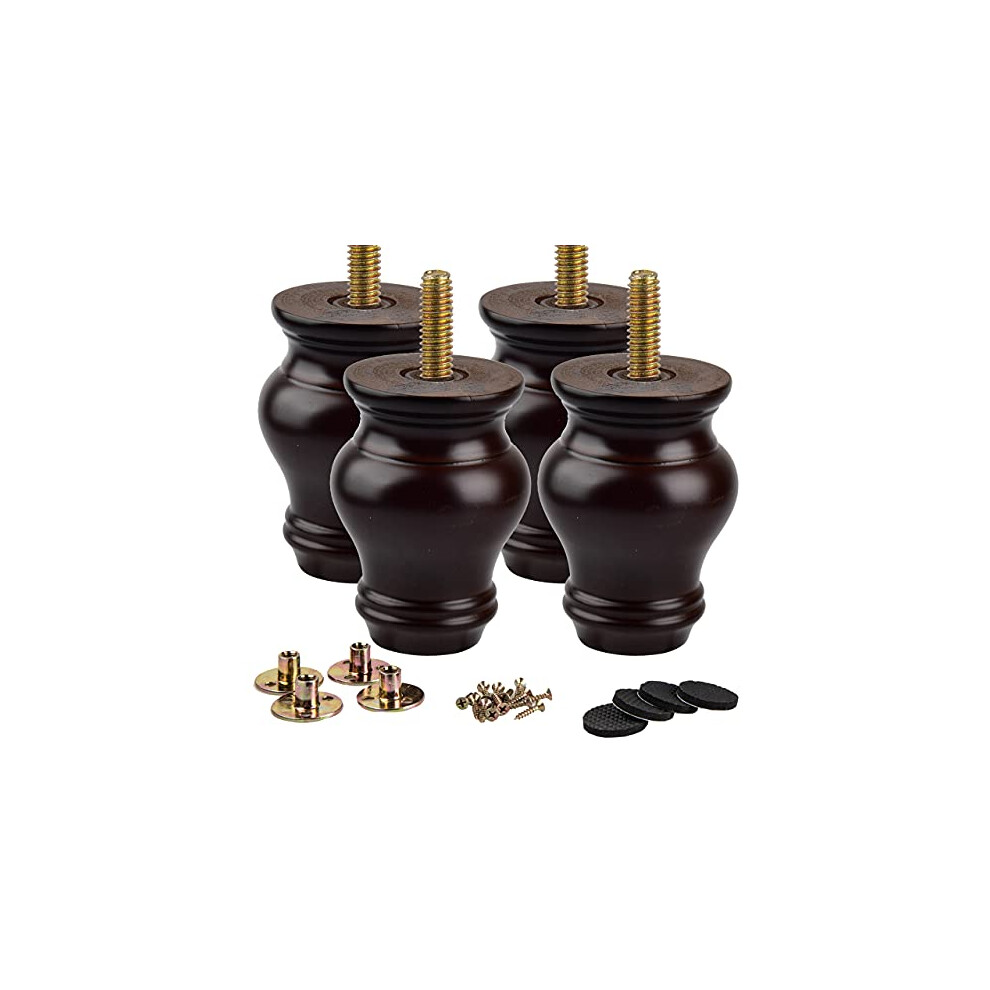 4 Inch / 10Cm Wooden Furniture Legs, 4Pcs Dark Walnut Soild Wood Spindle M8 Replacement Bun Feet With Pre-Drilled 5/16 Inch Bolt & Mounting Plate & 8789259463850