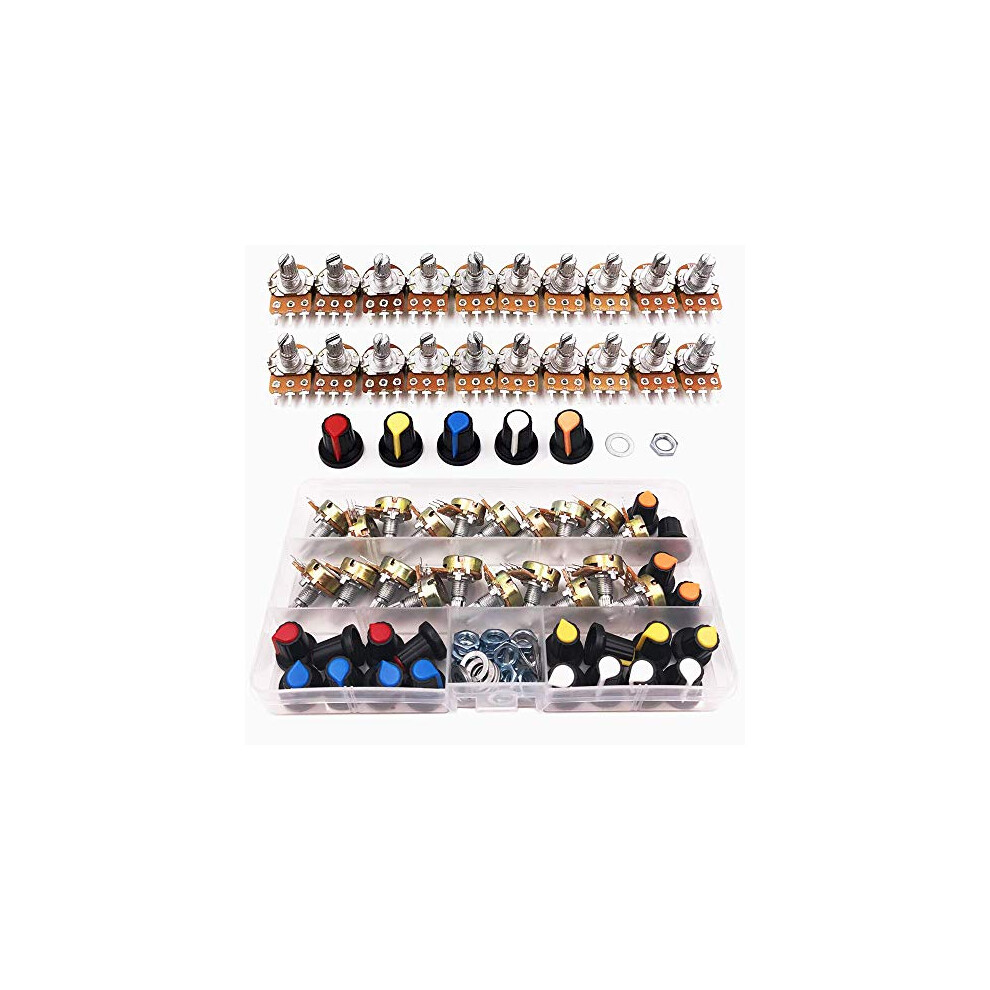 20Pcs B5k B10k B20k B50k B100k Ohm Knurled Shaft Linear Rotary Taper Potentiometer With Knob(Wh148) Kit, Knob Linear Potentiometer 3 Terminal Rotary 716852648764