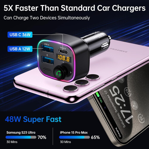 SYNCWIRE Bluetooth 5.3 FM Transmitter for Car, 48W Max Dual USB Black 1