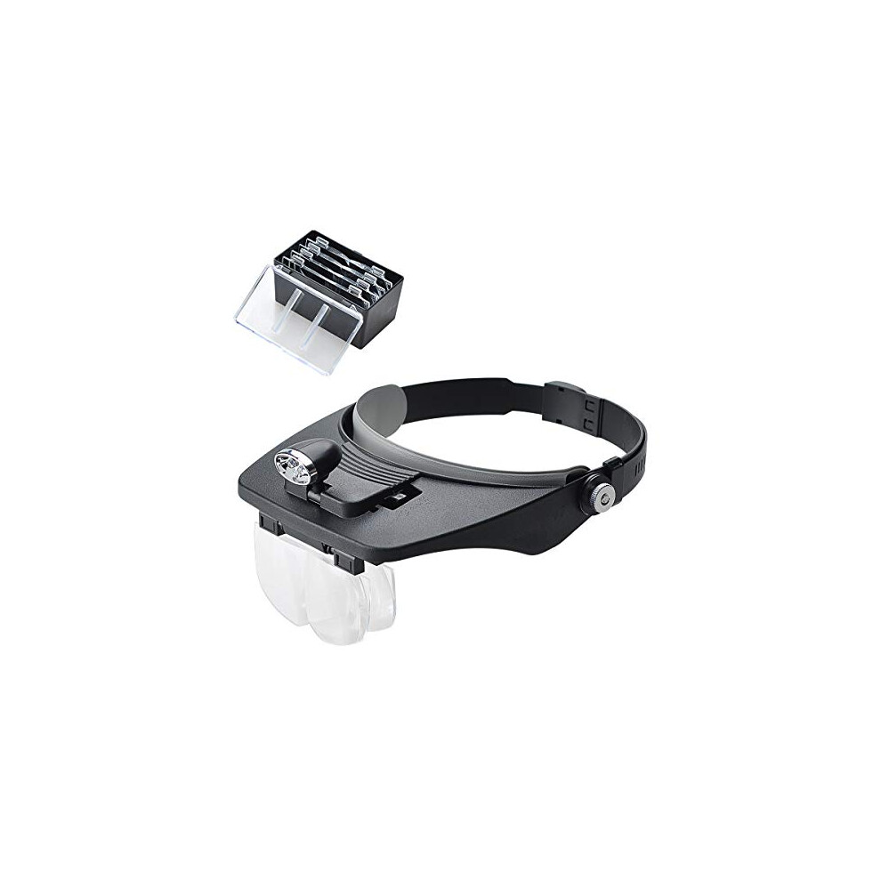 Covvy Light Headband Magnifier With 2 Led ,Handsfree Headset Loupe Head Mounted Magnifying Glasses With 4 Detachable Lenses For Reading,Electronic