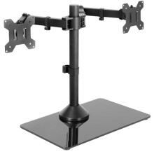 Freestanding Dual Monitor Stand with Sleek Glass Base and Adjustable Arms, Mounts 2 Screens up to 32 inch and 22 lbs Each, Black, STAND-V002FG