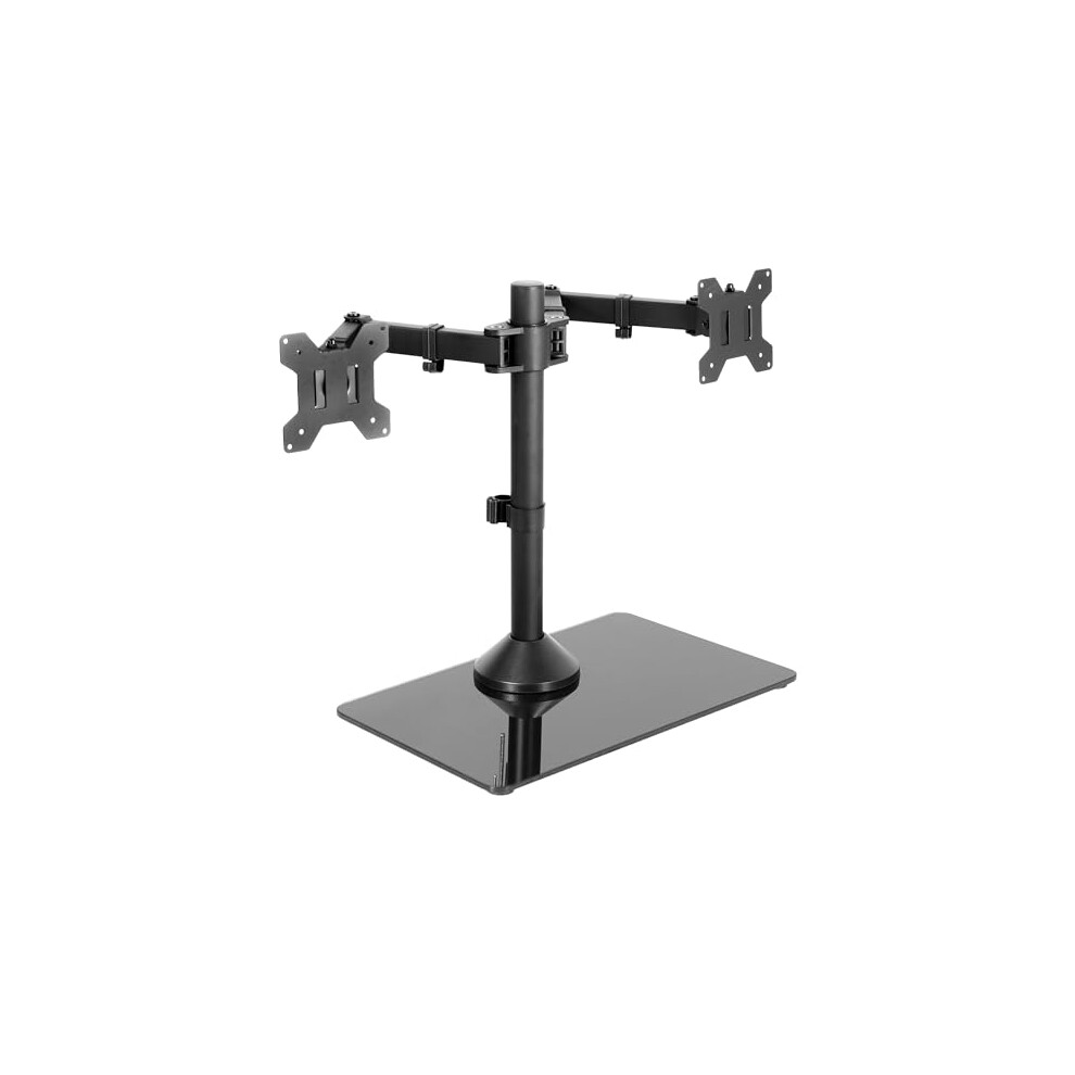 Freestanding Dual Monitor Stand with Sleek Glass Base and Adjustable Arms, Mounts 2 Screens up to 32 inch and 22 lbs Each, Black, STAND-V002FG