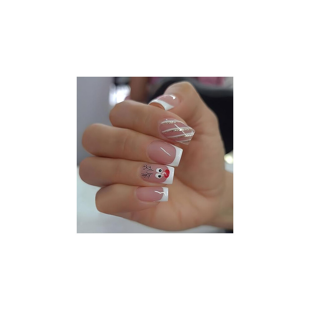 Clataly 24 Pcs Christmas Elk False Nails Snowflake Fake Nails Flat Head Nail Press On False Nails (A)