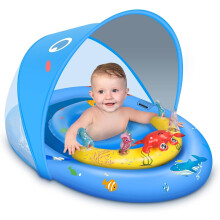 (Blue) Baby Swim Float with Sunshade and Toy Console, Inflatable Baby Swim Float with Adjustable Safety Seat for Toddlers 6-36 Months