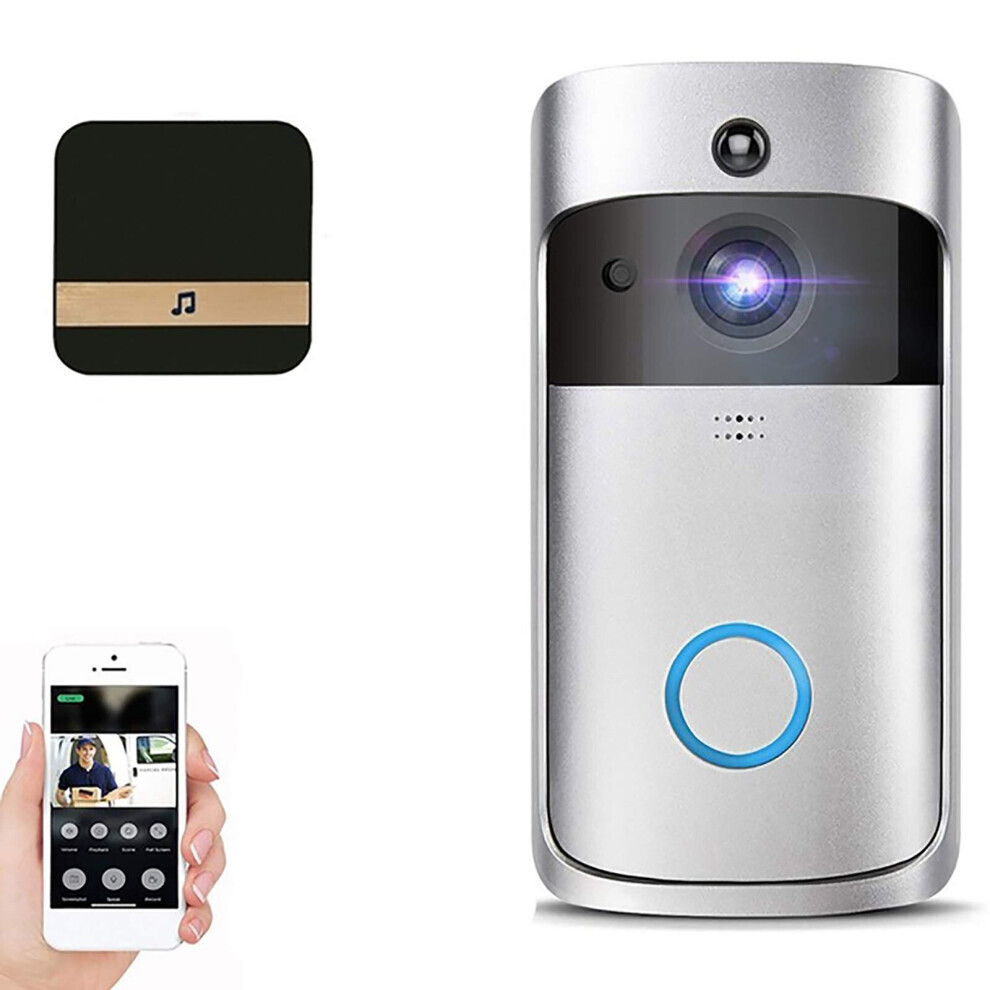 (Silver, Doorbell+Ring Chime) WiFi Wireless Video Doorbell Camera Smart Door Ring HD Intercom Bell Home Security Camera