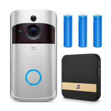 (Silver, Doorbell+Ring Chime+3xBatteries) WiFi Wireless Video Doorbell Camera Smart Door Ring HD Intercom Bell Home Security Camera