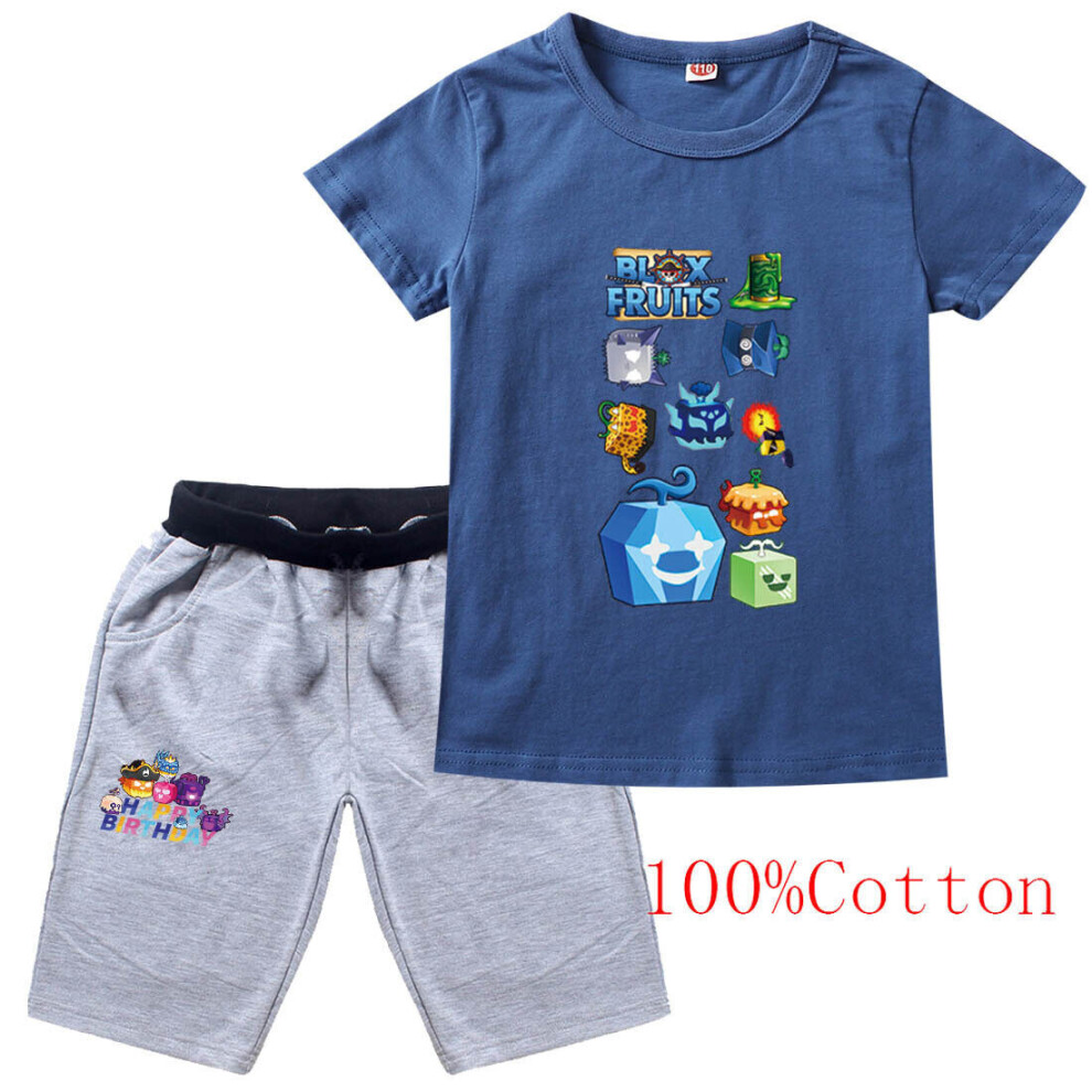 (Dark Blue+Grey, 6-7 Years) 2 Pcs blox fruits Boys Girls Short Tracksuit Set Kids T-Shirt+Shorts-image-OPC-PDV829F-NEW