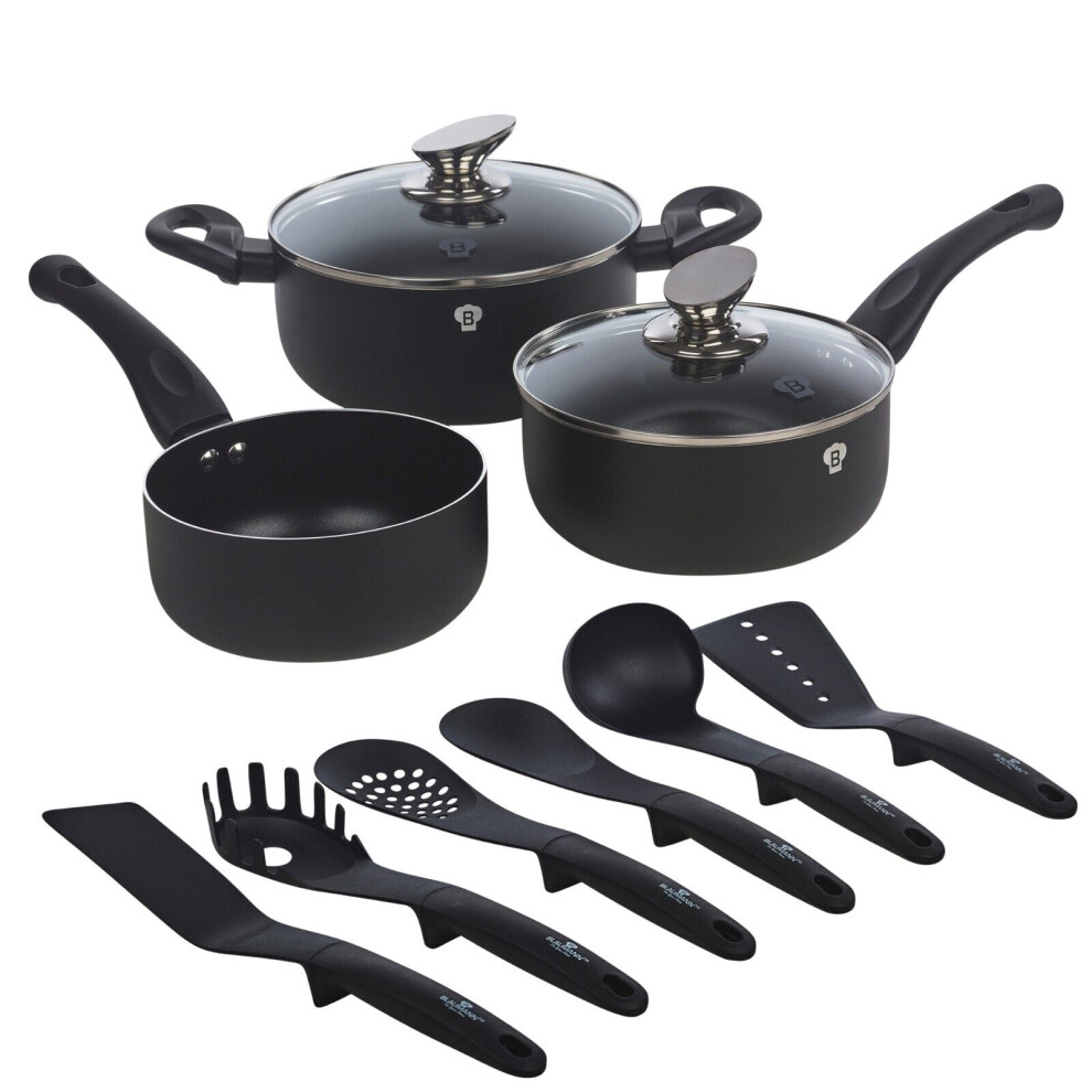 ( Matt Black) 11pc Blaumann Induction Soft Touch Cookware Pots Pan Saucepan & Kitchen Tool Set