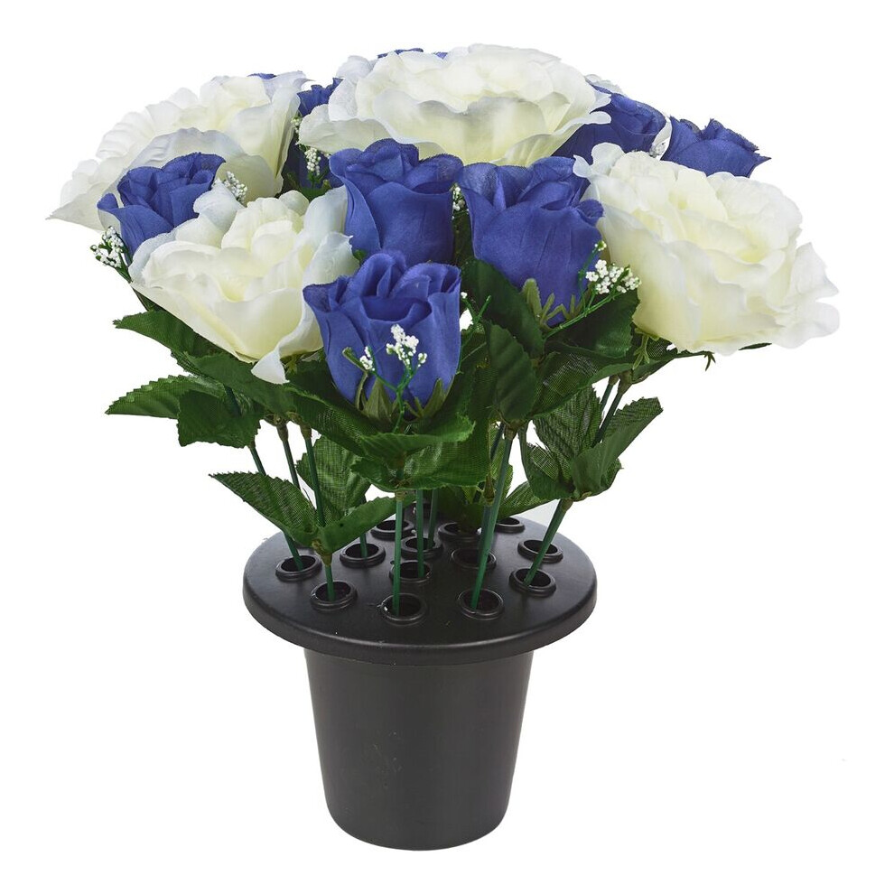 (Rose Blue & White) Artificial Rose Flower in Black Planter