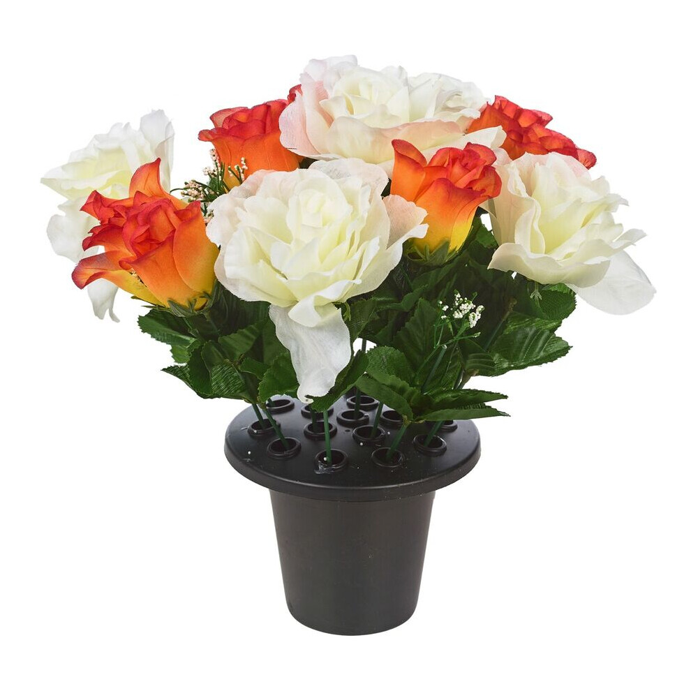 (Rose Orange & White ) Artificial Rose Flower in Black Planter