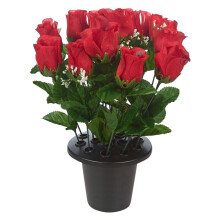 (Rosebud Red) Artificial Rose Flower in Black Planter