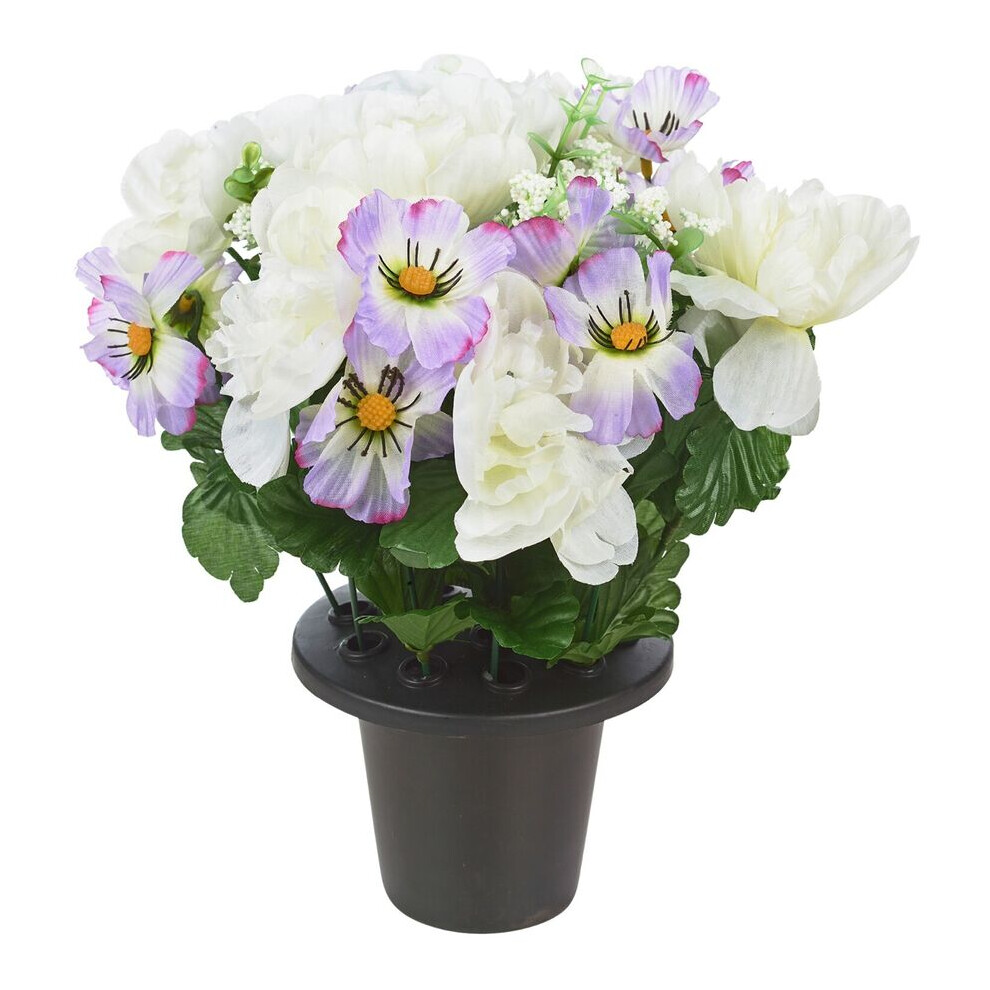 (Cosmos & Peony White & Lilac Mix) Artificial Rose Flower in Black Planter